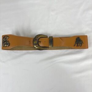 Western Brown Leather Belt Womens 31 in Animal Ornate Boho Elephant Zebra Lion‎